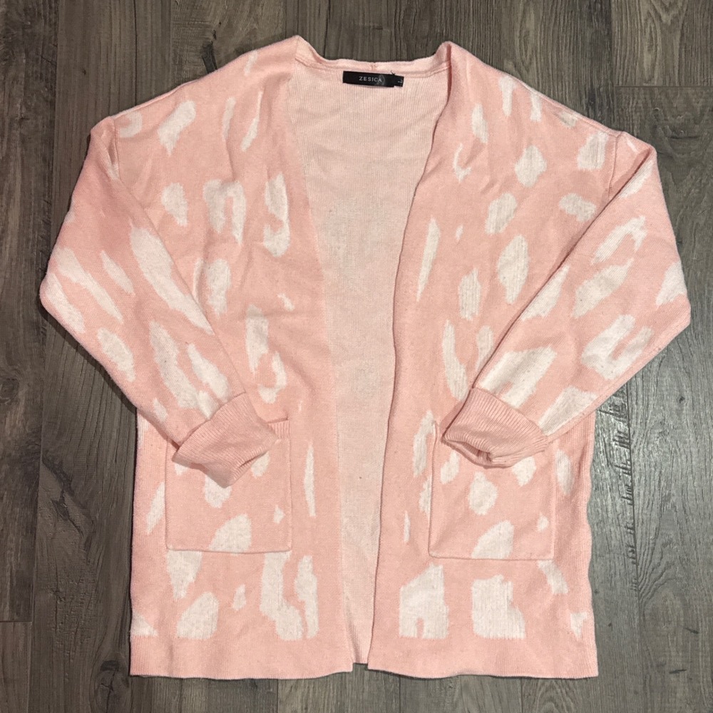 ZESICA Womens Pink White Animal Print Open Front Cardigan Sweater Large Pockets